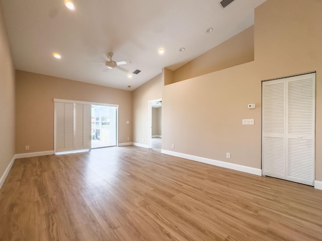 8389 Logia Cir, Boynton Beach, FL 33472 - unfurnished living room featuring visible vents, baseboards, light wood-style flooring, and ceiling fan