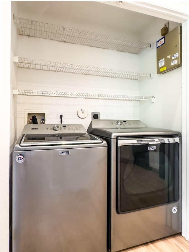 8389 Logia Cir, Boynton Beach, FL 33472 - clothes washing area with light wood-type flooring, washer and dryer, and laundry area