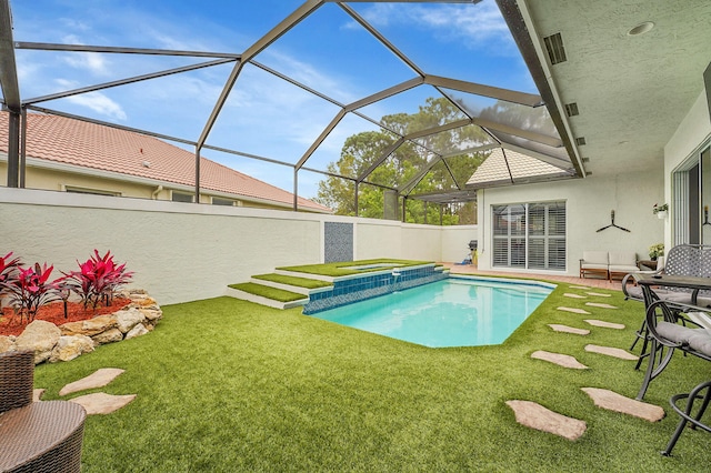 view of swimming pool with a fenced in pool, a patio, a lawn, glass enclosure, and a fenced backyard