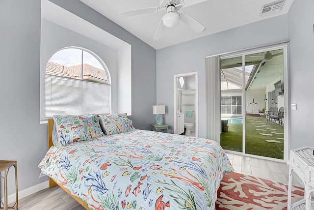 bedroom with access to exterior, baseboards, visible vents, a ceiling fan, and wood finished floors