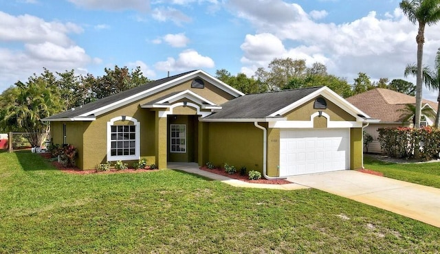 ranch-style house with an attached garage, a front yard, concrete driveway, and stucco siding