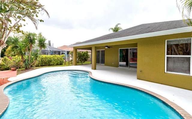 outdoor pool featuring a ceiling fan and a patio