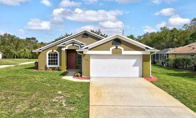 ranch-style home with an attached garage, a front lawn, concrete driveway, and stucco siding