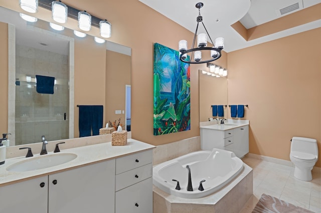 full bath featuring a garden tub, tile patterned flooring, a sink, visible vents, and a stall shower