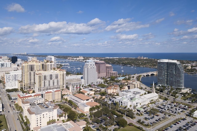 aerial view with a view of city and a water view