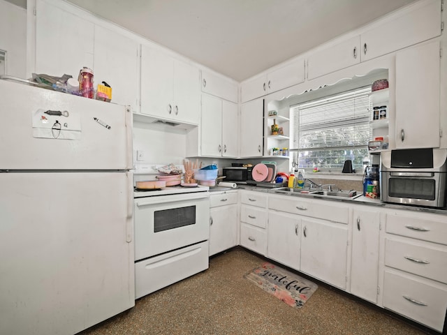 kitchen featuring white cabinets, white appliances, open shelves, and a sink