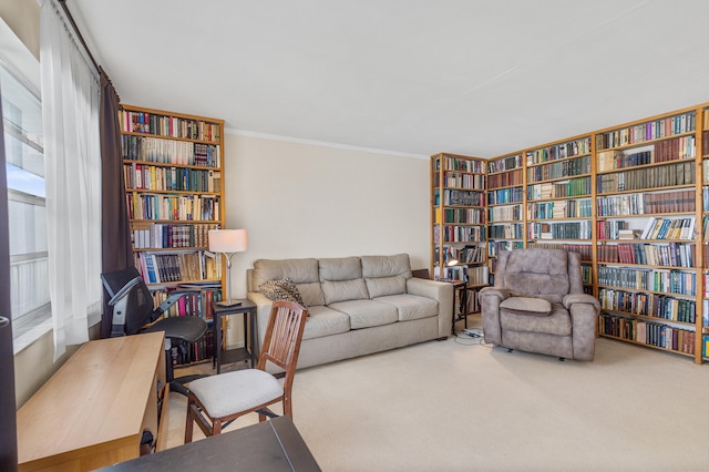 sitting room with carpet floors, crown molding, and wall of books