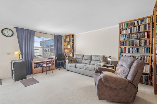 carpeted living area featuring ornamental molding