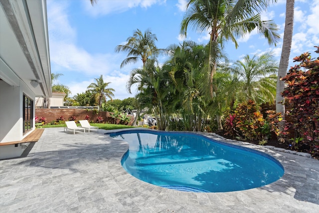 view of pool with a patio, fence, and a fenced in pool