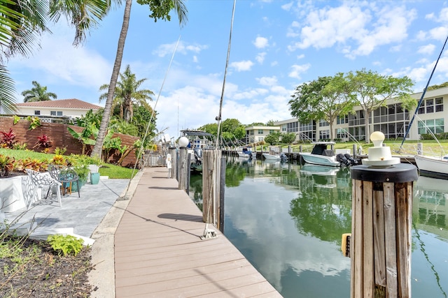 dock area with a water view and fence