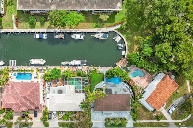 drone / aerial view featuring a water view