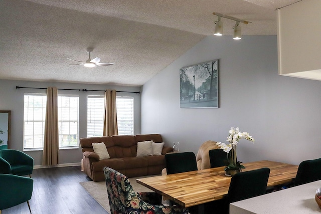 dining area with a textured ceiling, a ceiling fan, lofted ceiling, and wood finished floors