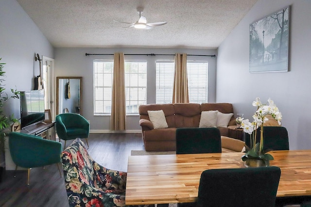 living area featuring plenty of natural light, wood finished floors, and a textured ceiling