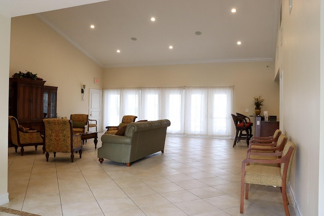 living room with light tile patterned floors, recessed lighting, crown molding, and a high ceiling