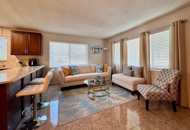 living area featuring a healthy amount of sunlight and a textured ceiling