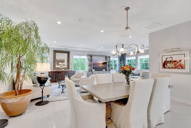 dining space with visible vents, light tile patterned flooring, baseboards, and recessed lighting