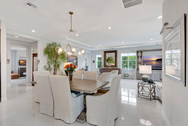 dining space featuring light tile patterned floors, a chandelier, visible vents, and recessed lighting