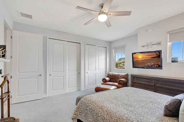 bedroom featuring multiple closets, carpet, visible vents, and multiple windows