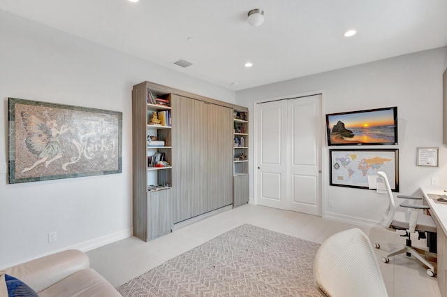 home office with recessed lighting, light tile patterned flooring, visible vents, and baseboards