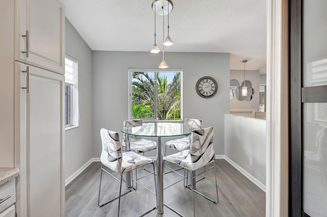 dining room with a textured ceiling, baseboards, and wood finished floors