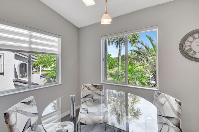 dining space with vaulted ceiling