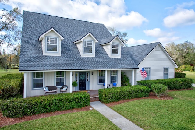 cape cod house with roof with shingles, a porch, and a front lawn