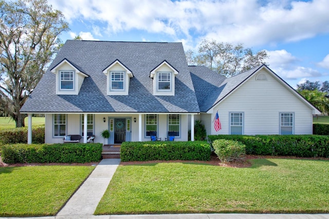 view of front of home with a shingled roof, a front lawn, and a porch