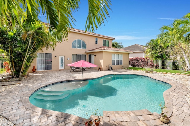 view of swimming pool featuring a patio, a fenced backyard, and a fenced in pool