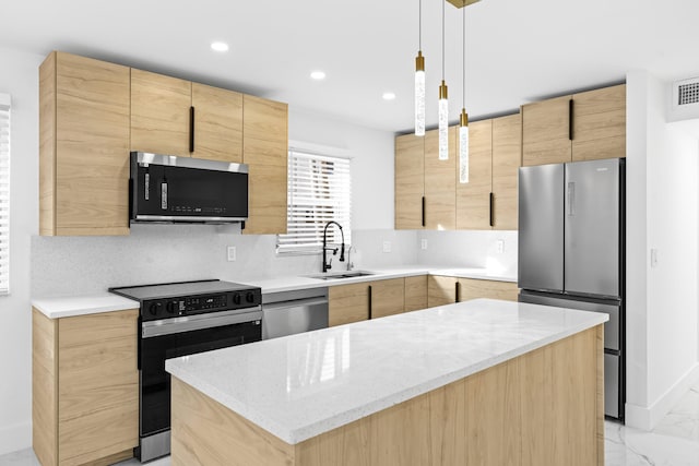 kitchen with tasteful backsplash, marble finish floor, stainless steel appliances, light brown cabinetry, and a sink