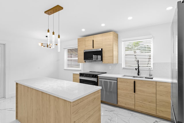 kitchen featuring a sink, marble finish floor, dishwasher, and light brown cabinetry