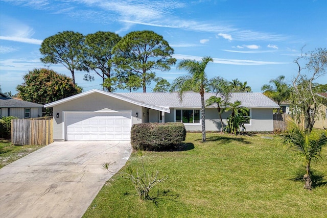 ranch-style home with a garage, fence, driveway, stucco siding, and a front lawn