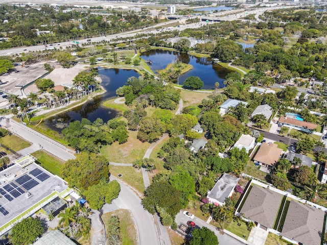 aerial view featuring a residential view and a water view