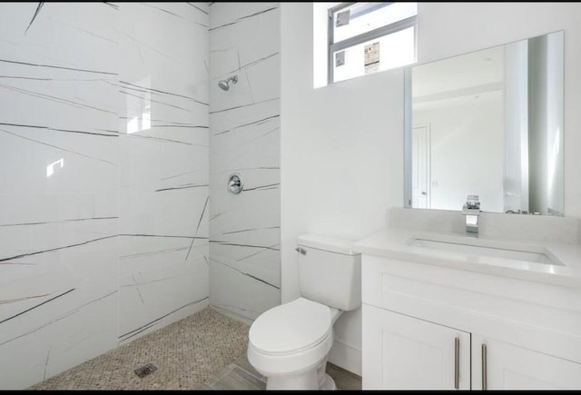 bathroom with toilet, walk in shower, and vanity