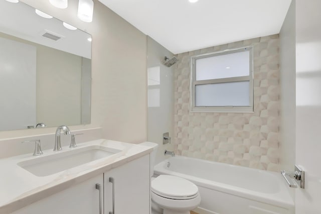 bathroom featuring vanity, shower / bathing tub combination, toilet, and visible vents