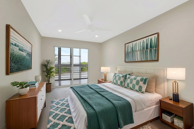 bedroom with access to outside, recessed lighting, and ceiling fan