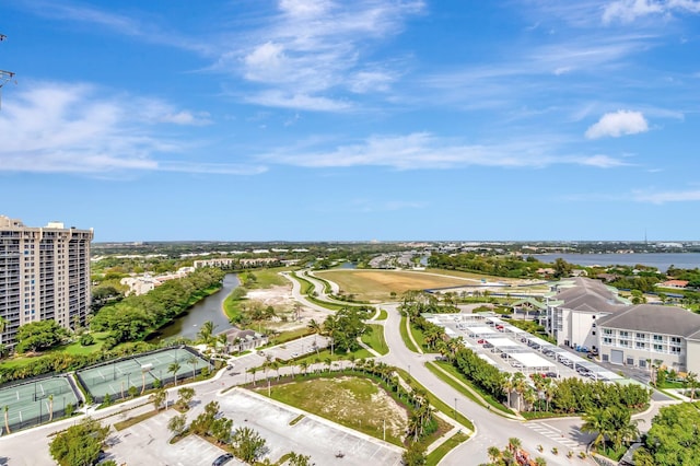 bird's eye view with a water view