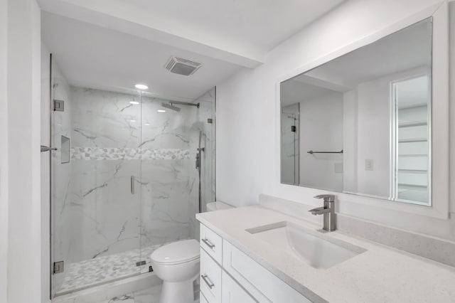 full bath with toilet, marble finish floor, a marble finish shower, and visible vents