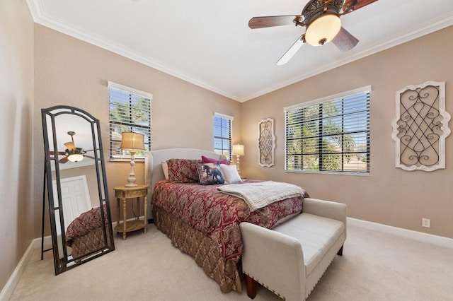 bedroom with multiple windows, crown molding, and carpet floors