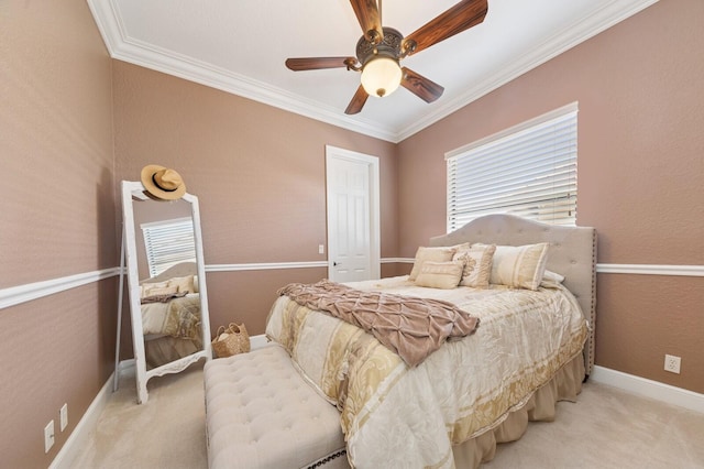 bedroom featuring crown molding, ceiling fan, baseboards, light carpet, and a textured wall