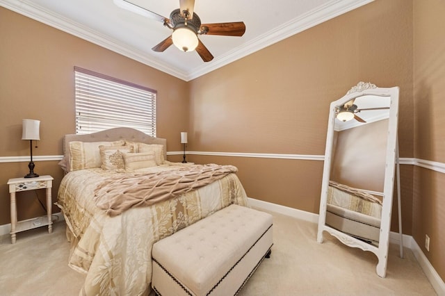 bedroom with light colored carpet, crown molding, and baseboards