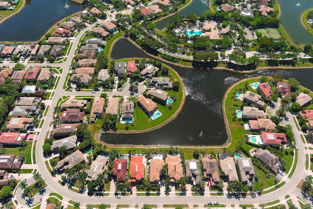 aerial view featuring a residential view and a water view