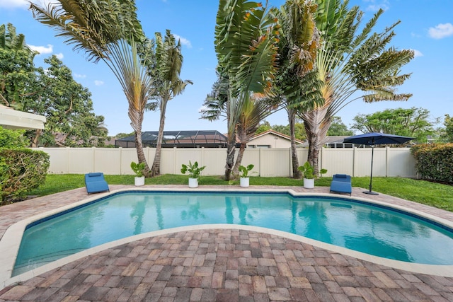 view of pool with a patio, a fenced backyard, and a fenced in pool