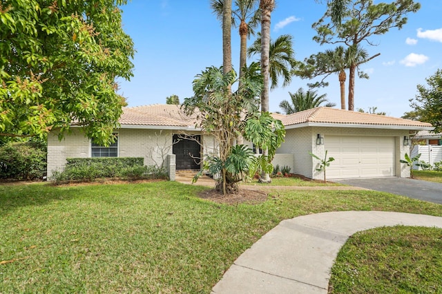 single story home with a garage, a tile roof, a front lawn, and aphalt driveway