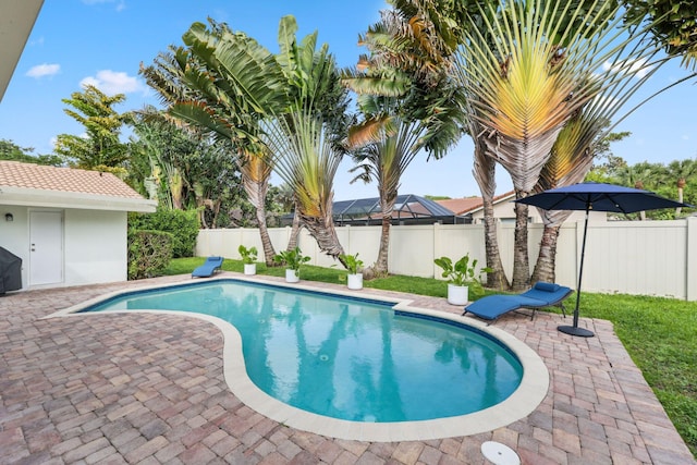 view of swimming pool featuring a fenced backyard, a fenced in pool, and a patio