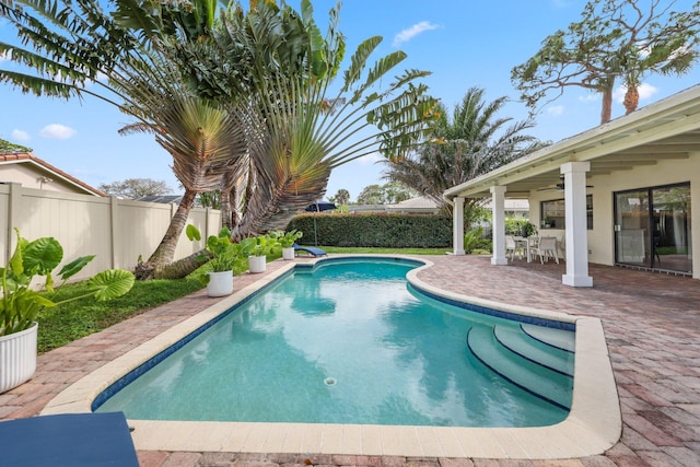 view of swimming pool with a patio area, a fenced backyard, a fenced in pool, and a ceiling fan