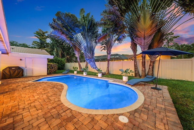 view of pool featuring a fenced in pool, a fenced backyard, and a patio