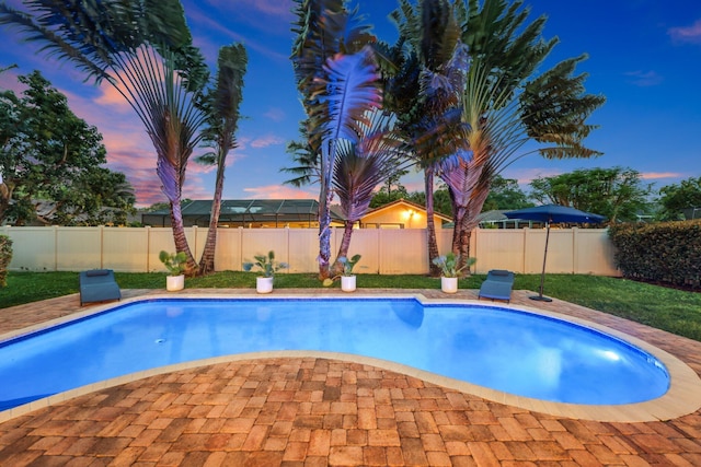 view of swimming pool featuring a patio, a fenced backyard, and a fenced in pool