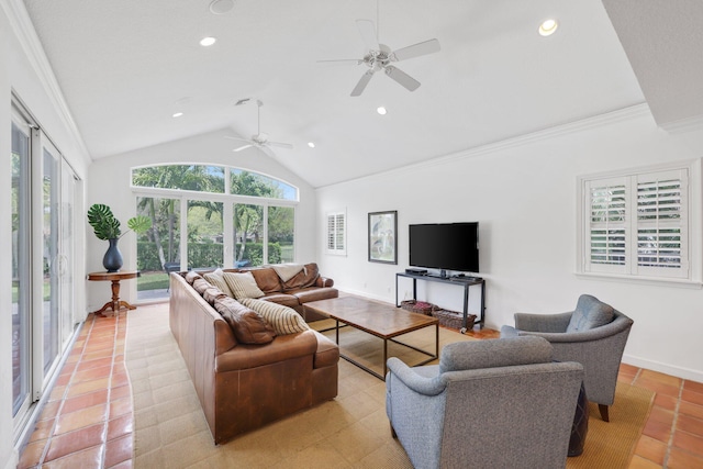 living room with baseboards, a ceiling fan, ornamental molding, high vaulted ceiling, and recessed lighting