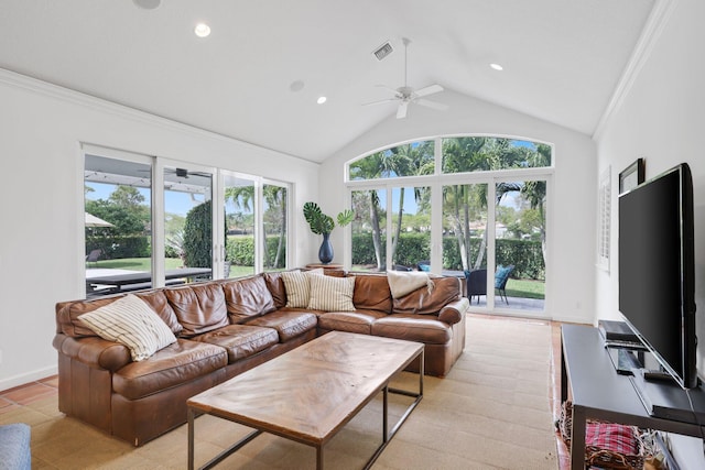 living area with visible vents, baseboards, ornamental molding, high vaulted ceiling, and recessed lighting