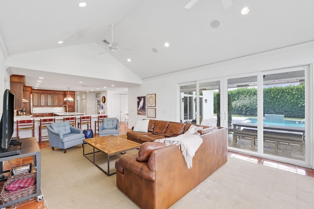 living room featuring ceiling fan, high vaulted ceiling, and recessed lighting